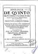 Apologia de Quinto Septimio Florente Tertuliano ... contra los gentiles, en defensa de los christianos ... traducida por Fr. Pedro Manero...