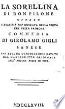 La Sorellina di Don Pilone, ovvero L'Avarizia più honorata nella serva che nella Padrona. Commedia [in five acts and in prose:] con alcune composizioni cavate dal manoscritto originale dell'Autore, etc